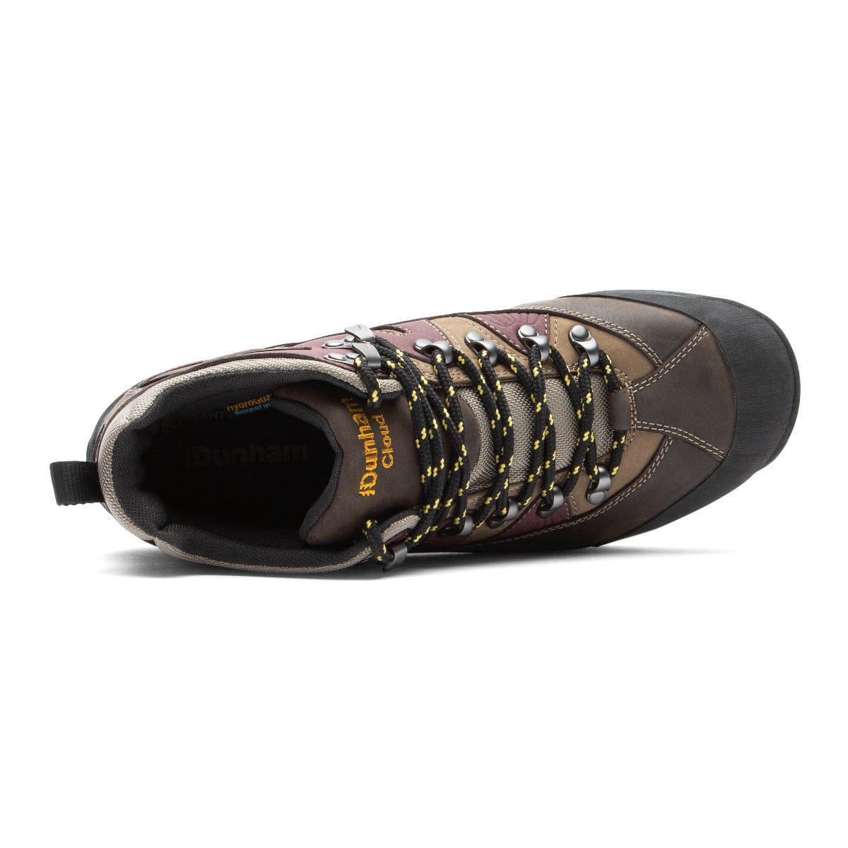 Dunham Cloud Boots in brown and black leather with yellow-accented laces and reinforced toe, top view.