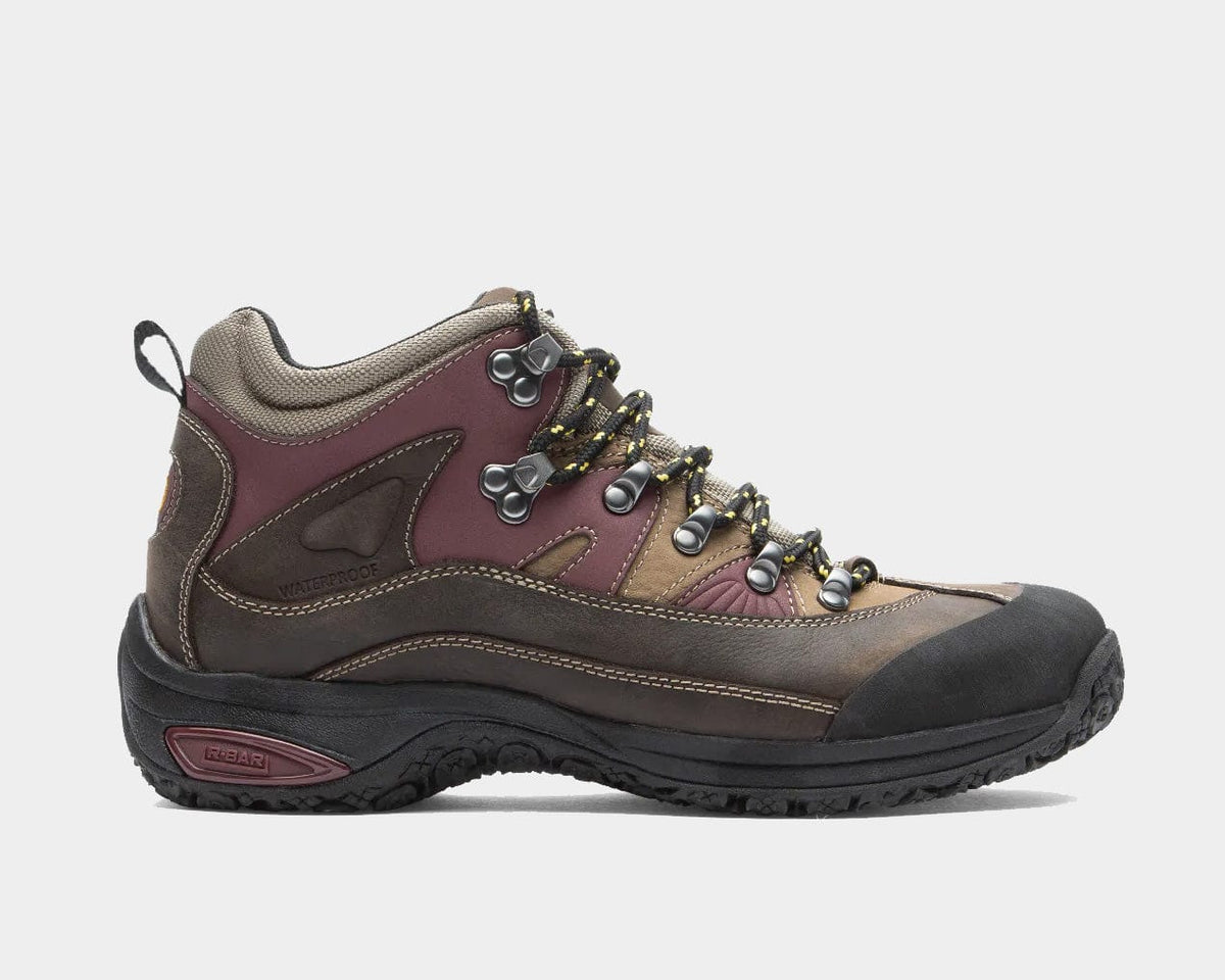 Dunham Cloud Boots hiking boots in brown and burgundy leather with waterproof construction, lace-up design, and rubber sole, side view.