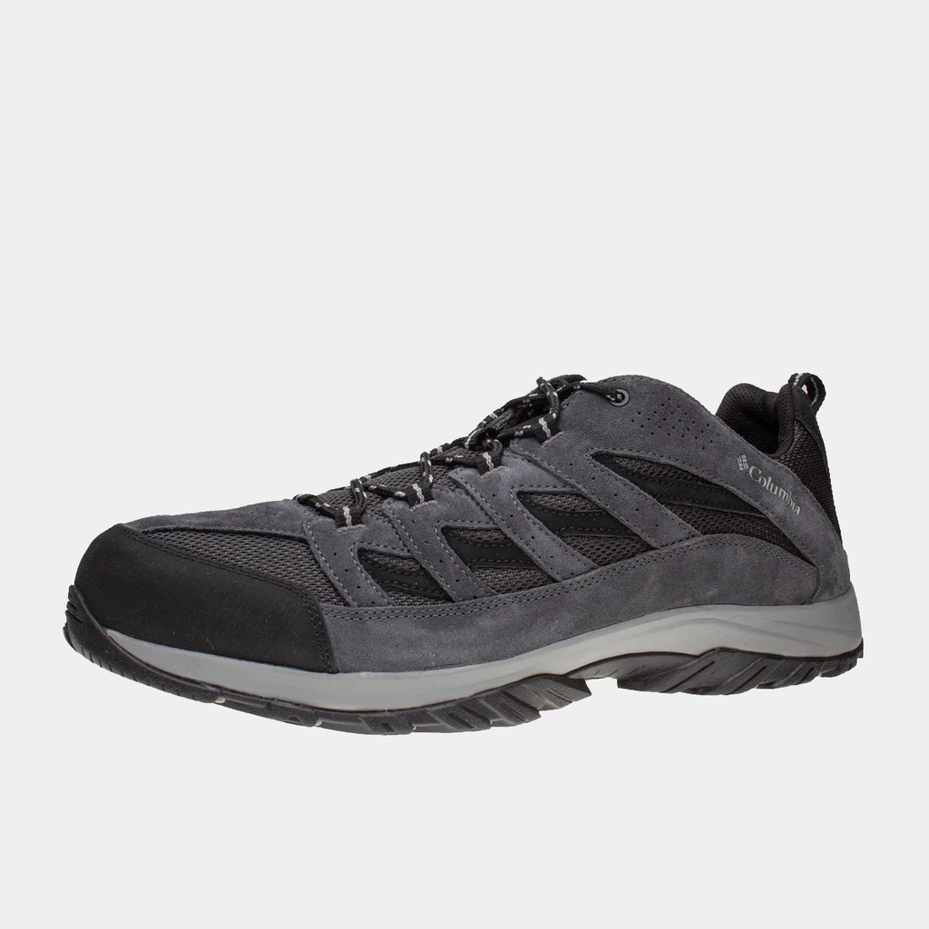 Columbia Crestwood Low hiking shoes in gray and black with suede overlays, durable mesh upper, and sturdy rubber outsole, side view.