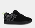 DC Footwear Court Graffik shoes in black with oversized gray logo detailing, neon green accents, and a low-top silhouette, side view.
