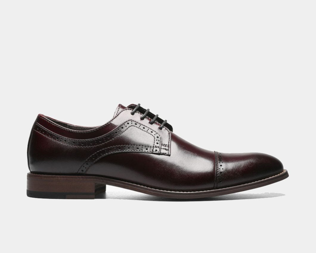Stacy Adams Dickinson Cap Toe dress shoe in burgundy leather with decorative stitching and polished finish, side view.
