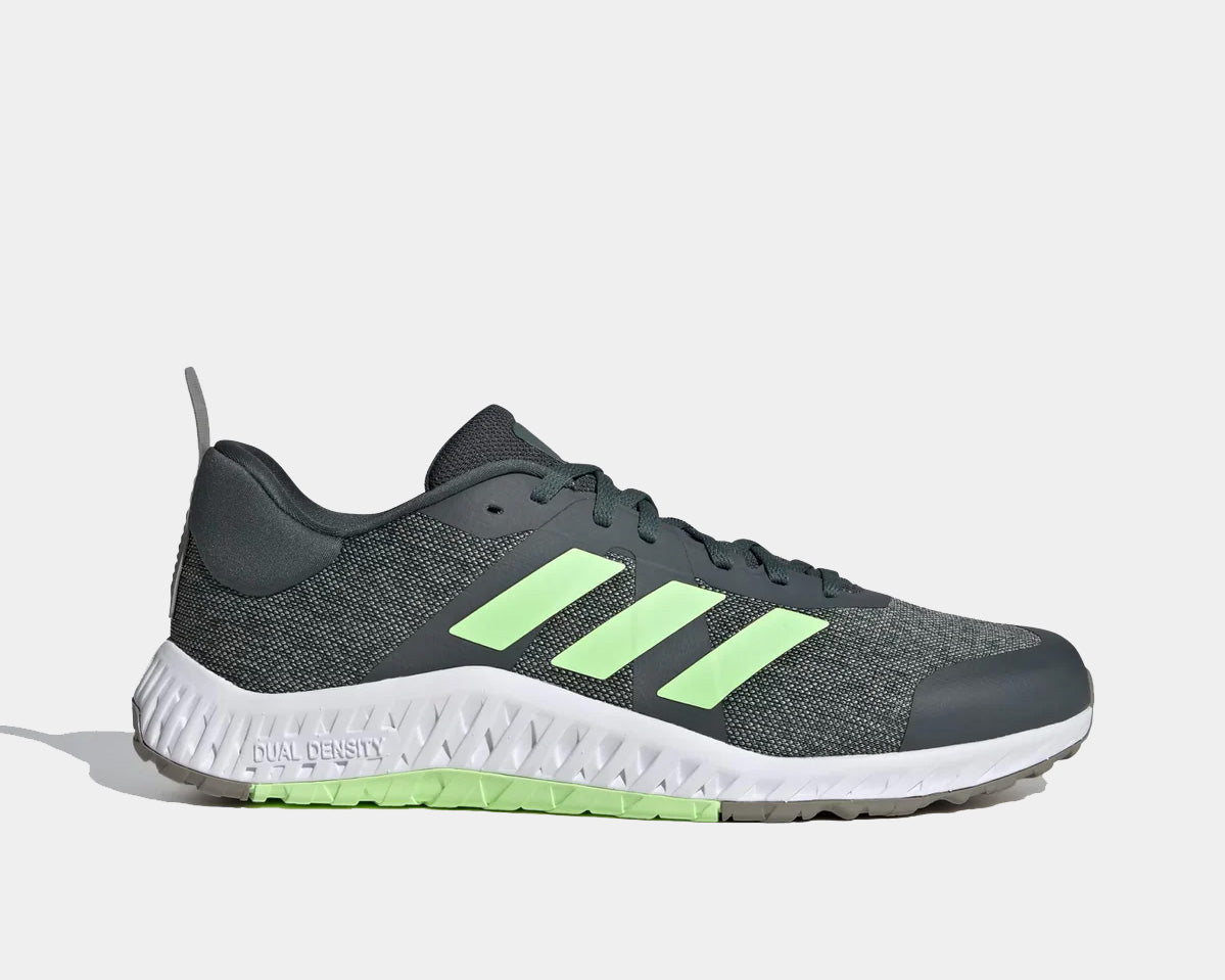 Adidas Everyset Trainer shoes side view in dark gray with neon green stripes, textured mesh upper, and white midsole.
