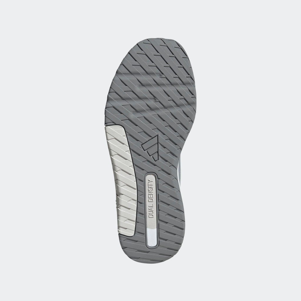 Adidas Everyset Trainer outsole in gray and white featuring dual-density cushioning and herringbone traction pattern, sole/bottom view.