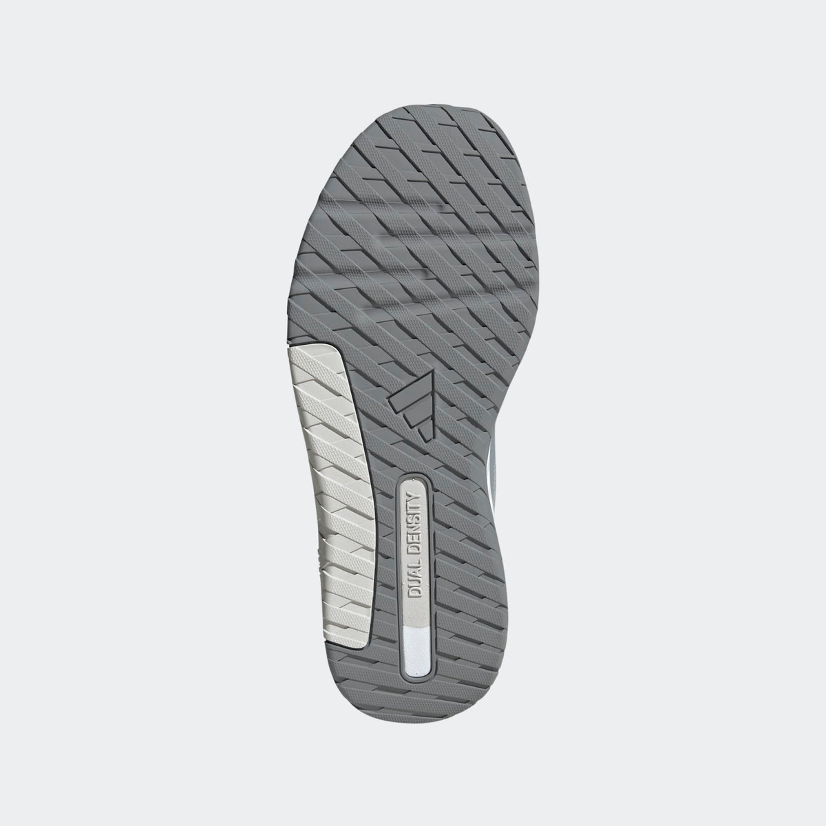 Adidas Everyset Trainer outsole in gray and white featuring dual-density cushioning and herringbone traction pattern, sole/bottom view.