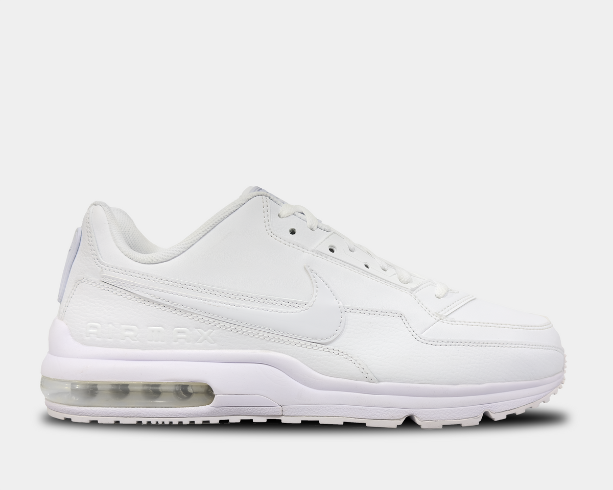 Nike Air Max LTD 3 sneaker featuring a white on white color scheme with leather upper, visible Max Air unit in the heel, and a rubber outsole.