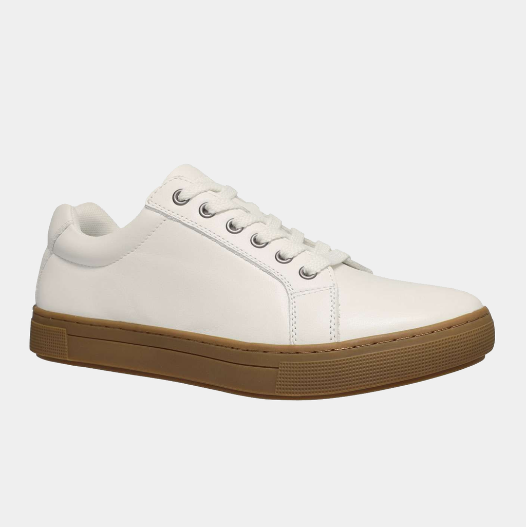 Propét Koda sneakers in white with a lace-up design and contrasting tan rubber sole, side view.