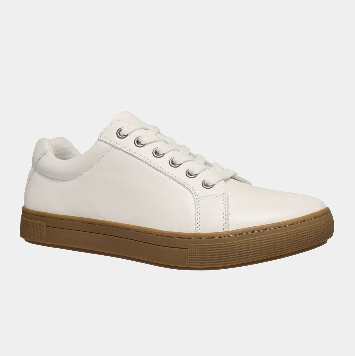 Propét Koda sneakers in white with a lace-up design and contrasting tan rubber sole, side view.