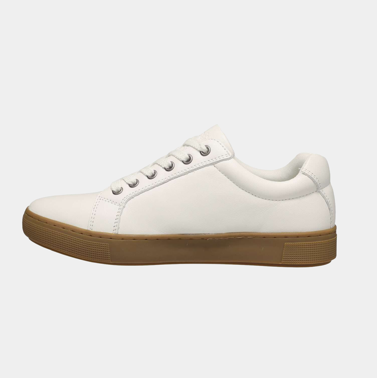 Propét Koda sneakers in white with a smooth leather upper, white laces, and contrasting gum rubber sole, side view.