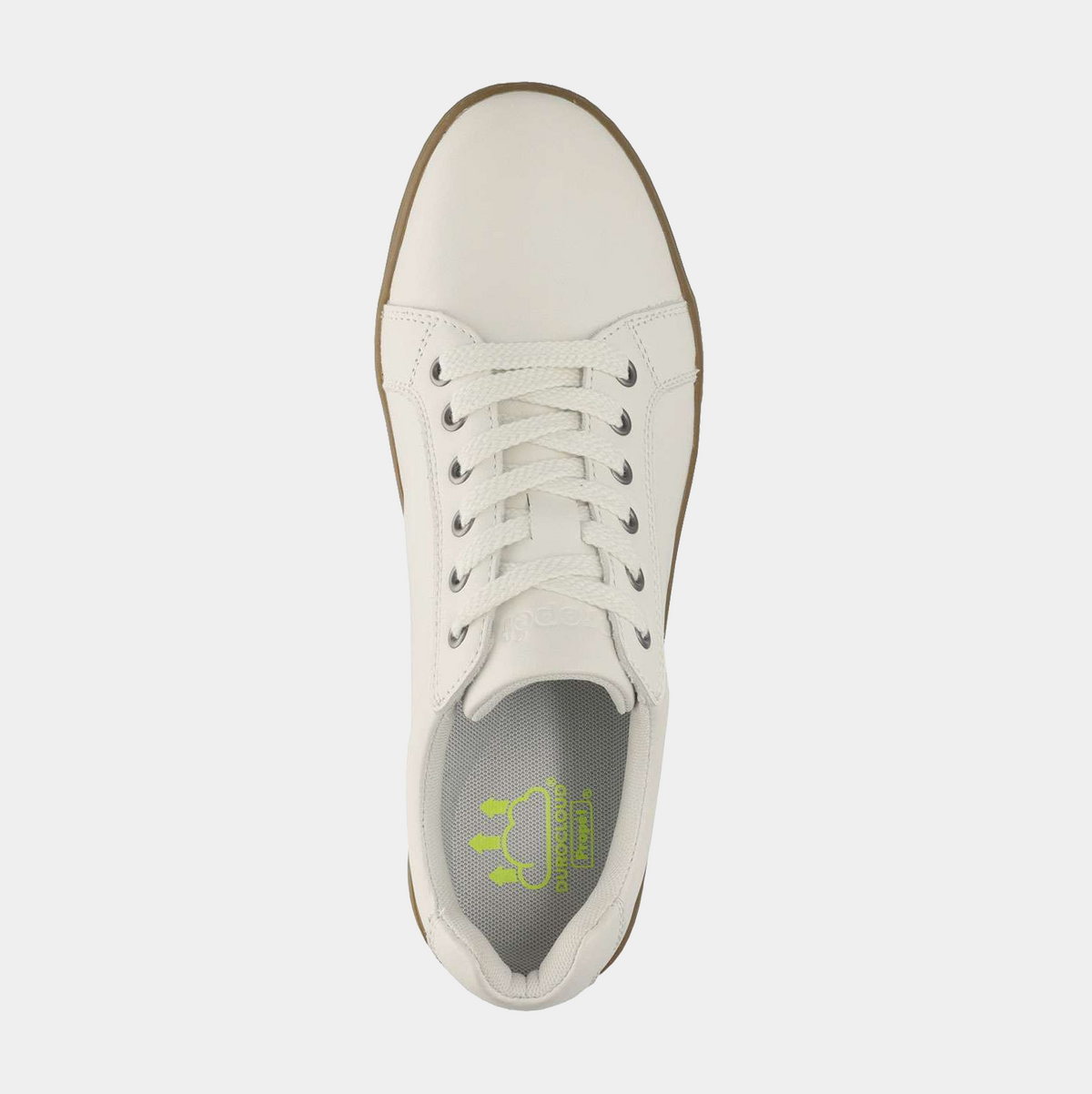 Propét Koda shoes in white with a lace-up closure, cushioned insole, and tan sole, top view showing interior branding.