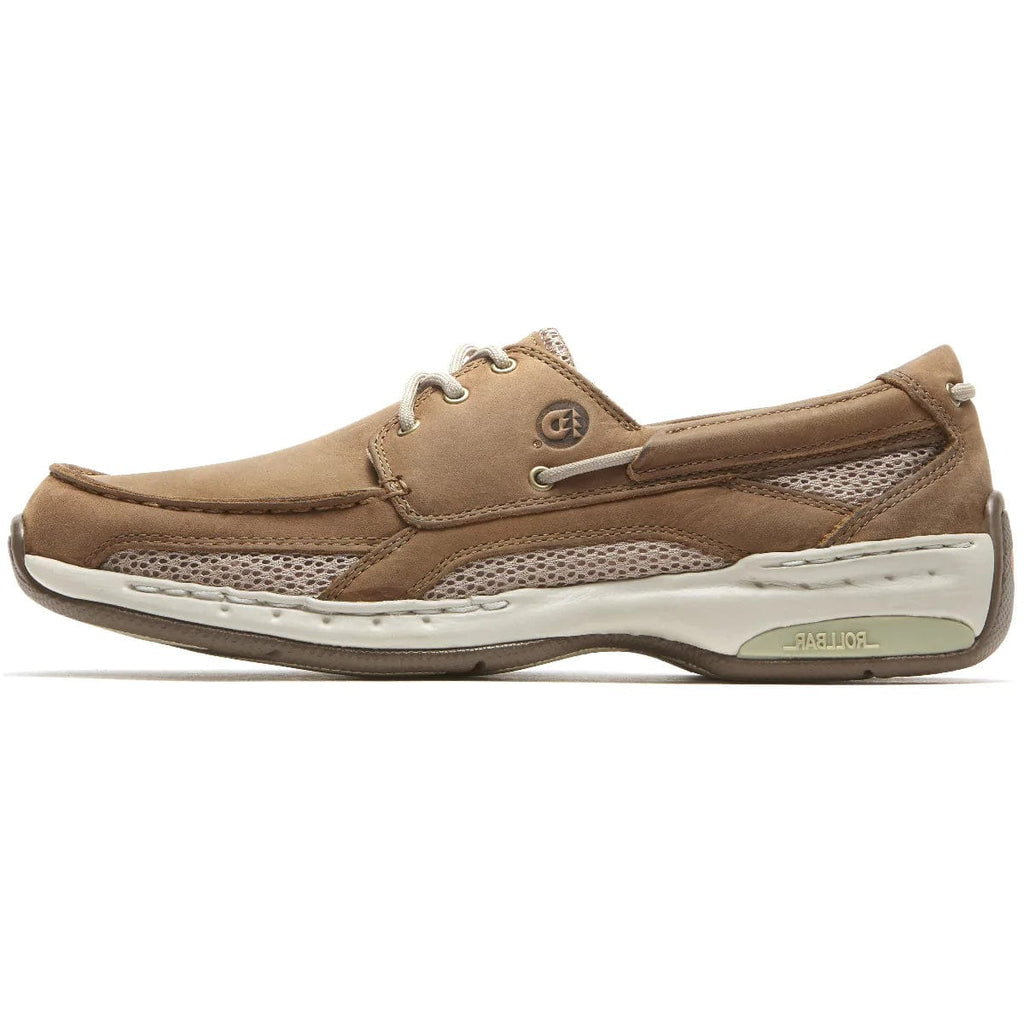 Dunham Captain boat shoes in tan leather with breathable mesh panels and durable white outsole, side view.