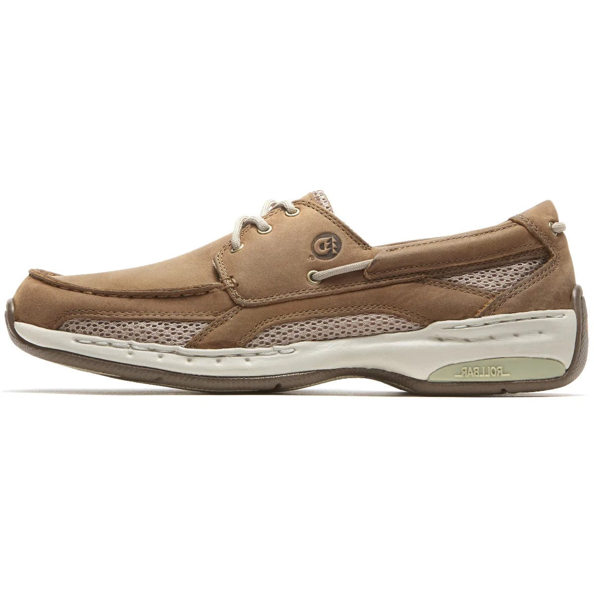Dunham Captain boat shoes in tan leather with breathable mesh panels and durable white outsole, side view.