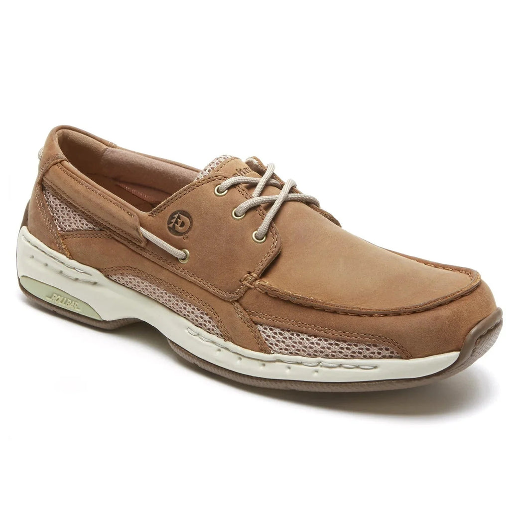 Dunham Captain boat shoes in tan leather with mesh panels, contrast stitching, and white sole, angled side view.