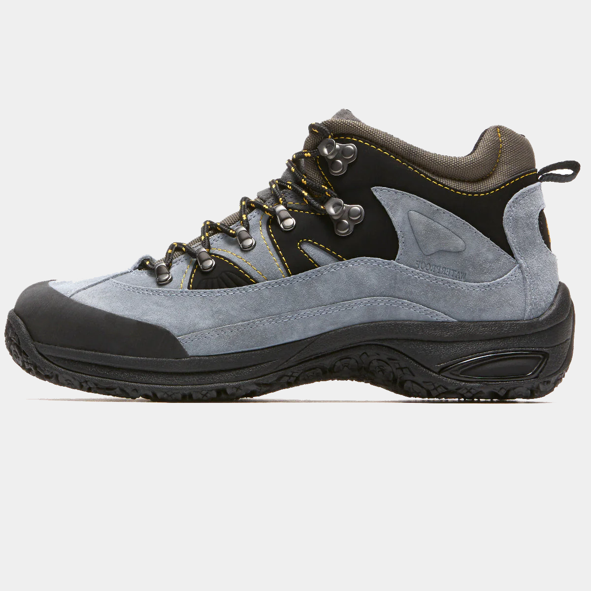 Dunham Cloud Boots in gray and black with suede upper, durable rubber outsole, and yellow stitching accents, side view