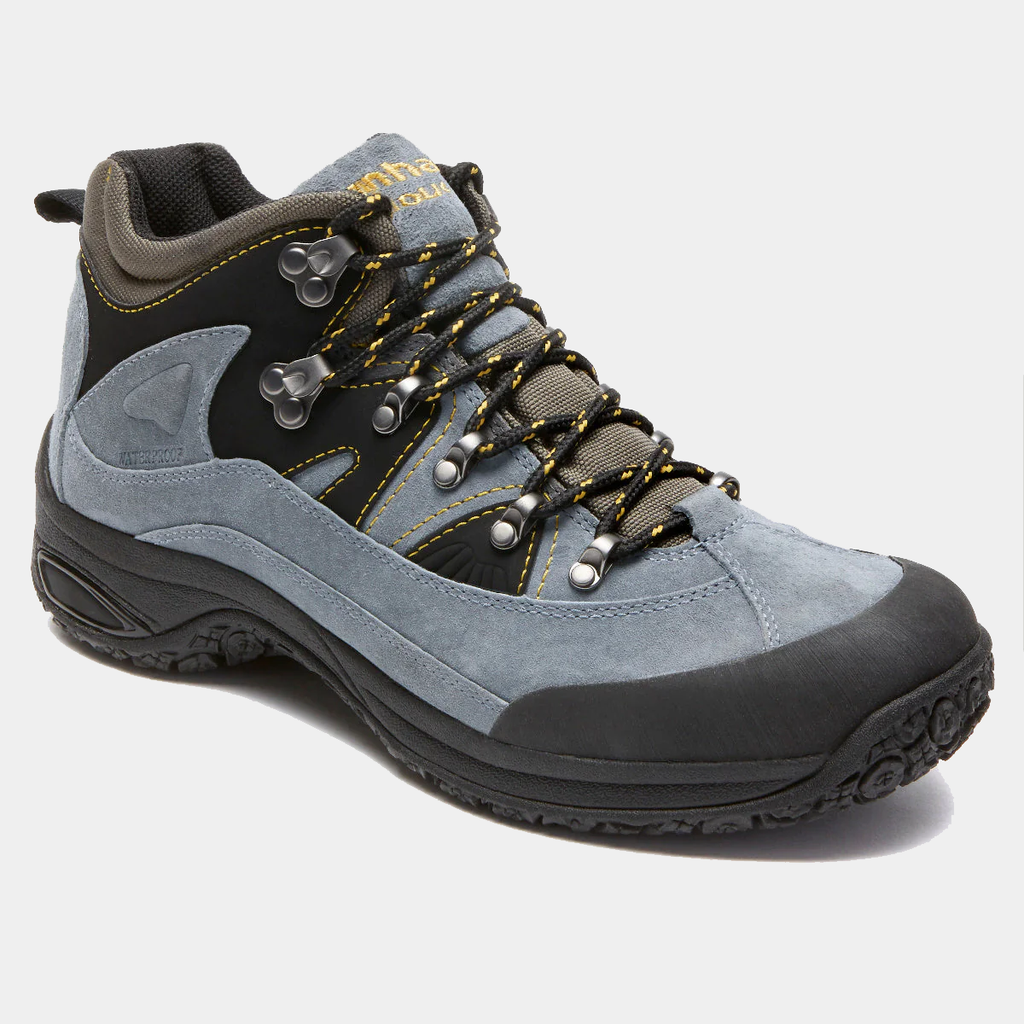 Dunham Cloud Boots hiking boots in gray suede and black synthetic materials with yellow stitching and lace hooks, side angle view