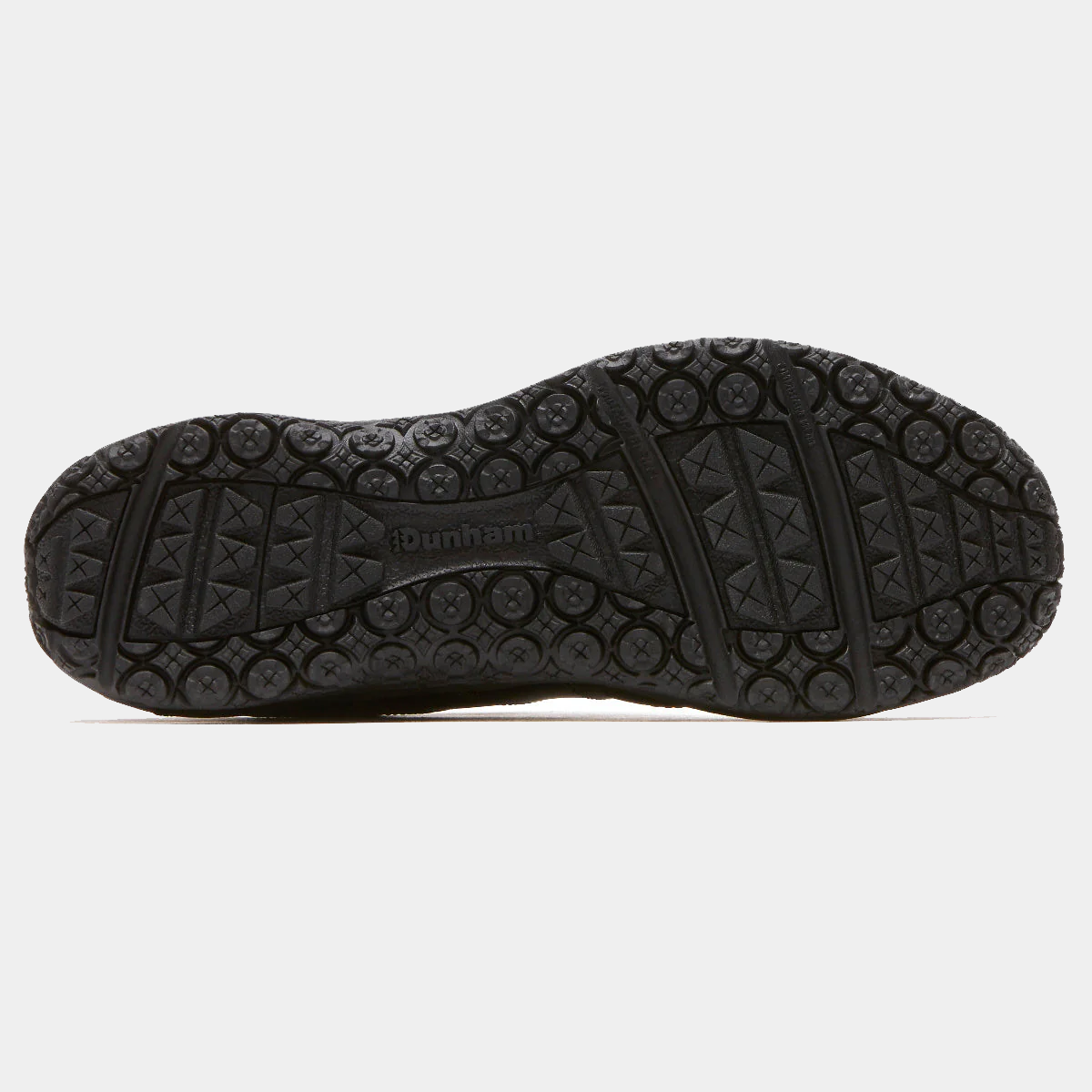 Dunham Cloud Boots outsole in black with durable circular tread pattern and branded logo, bottom view.