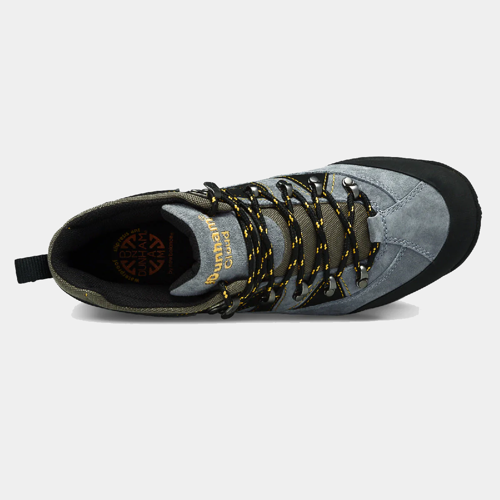 Dunham Cloud Boots top view, featuring a gray suede upper with black and yellow laces and reinforced black toe cap.