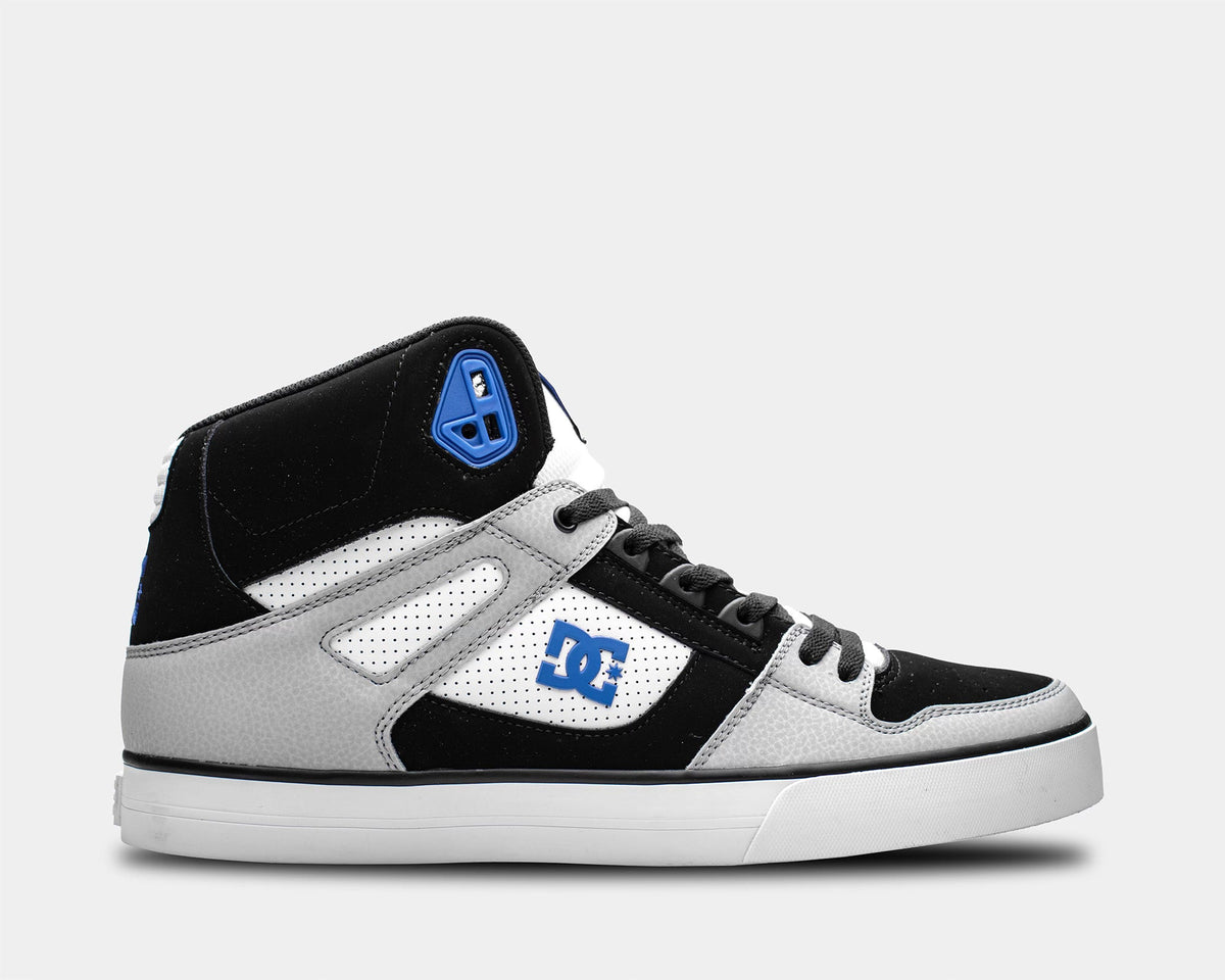 DC Footwear Pure High Top WC sneakers in black, gray, and white with perforated panels and blue logo accents, side view.