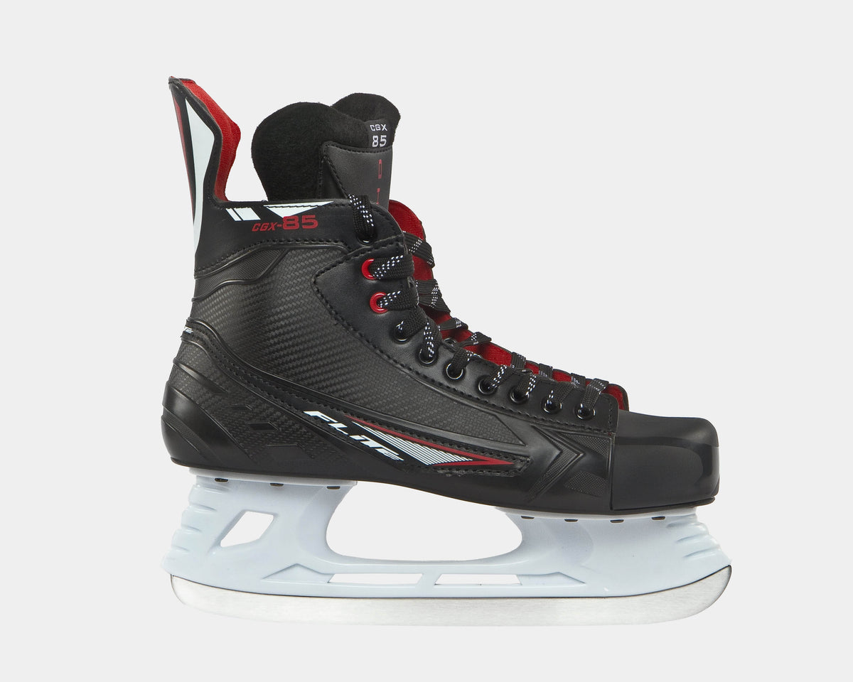 A pair of black Flite Hockey ice skates with red accents and white blades.