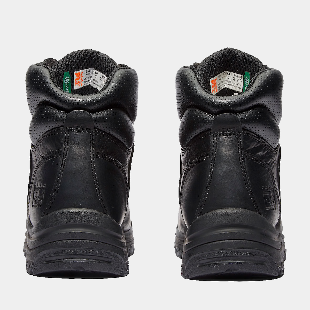 Timberland Pro 6" Titan Safety Toe Comfort Work Boots in black leather with padded collars and safety toe, back view.