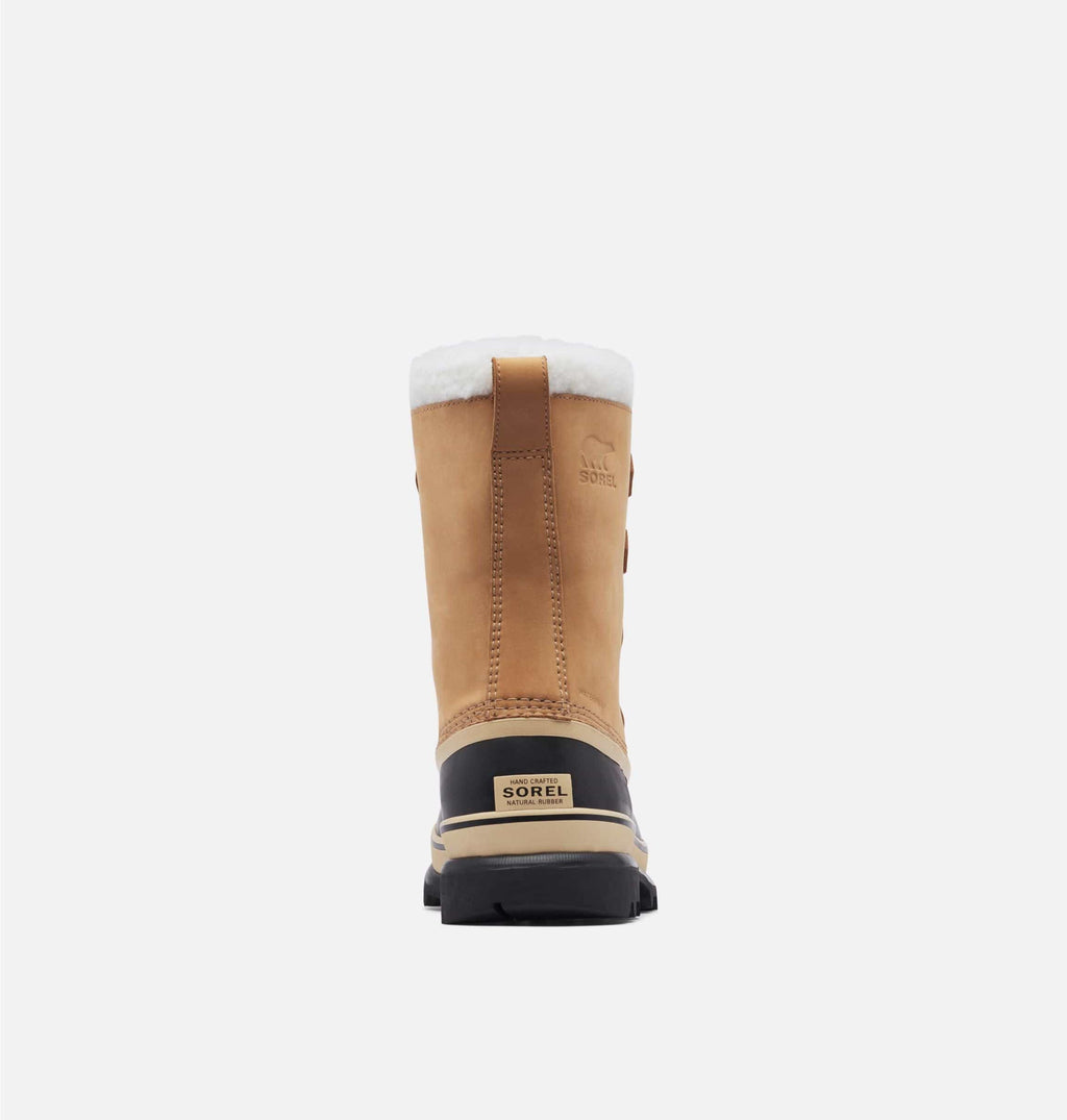Sorel Caribou Winter Boots back view in tan and black with waterproof leather upper and faux shearling lining.