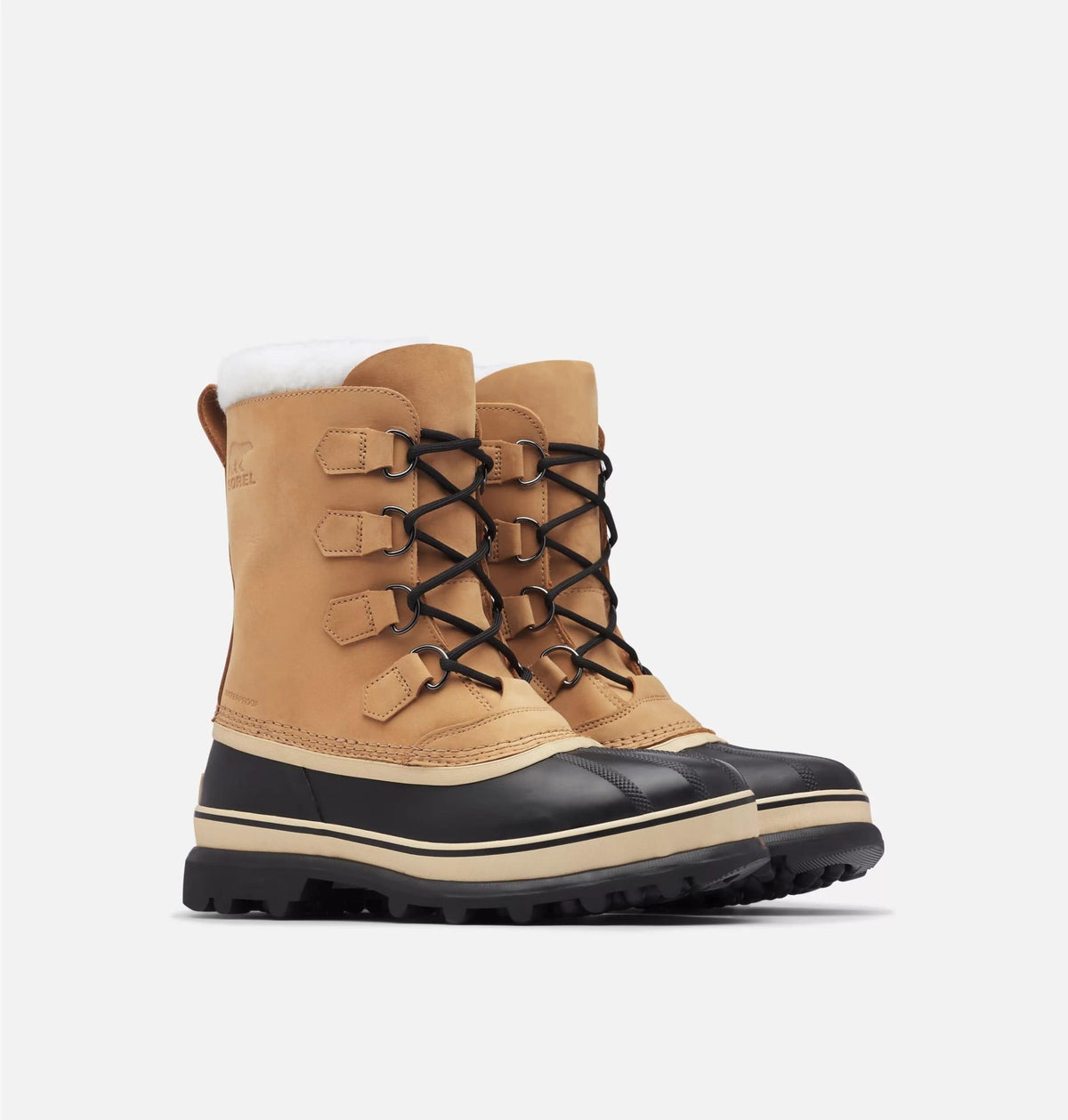 Sorel Caribou Winter Boots in tan leather with black waterproof shell, white fleece lining, and rugged rubber outsole, front angle.