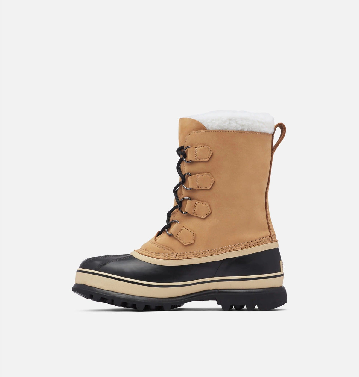 Sorel Caribou Winter Boots in tan leather with black rubber shell, white sherpa lining, and durable lace-up design, side view.
