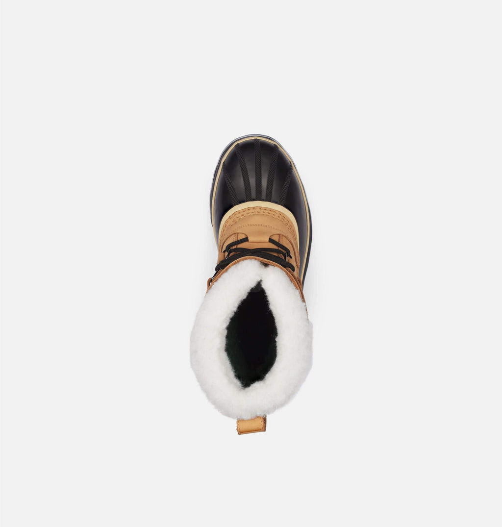 Sorel Caribou Winter Boots top view featuring a tan leather upper, black rubber shell, lace-up closure, and white sherpa fleece lining.