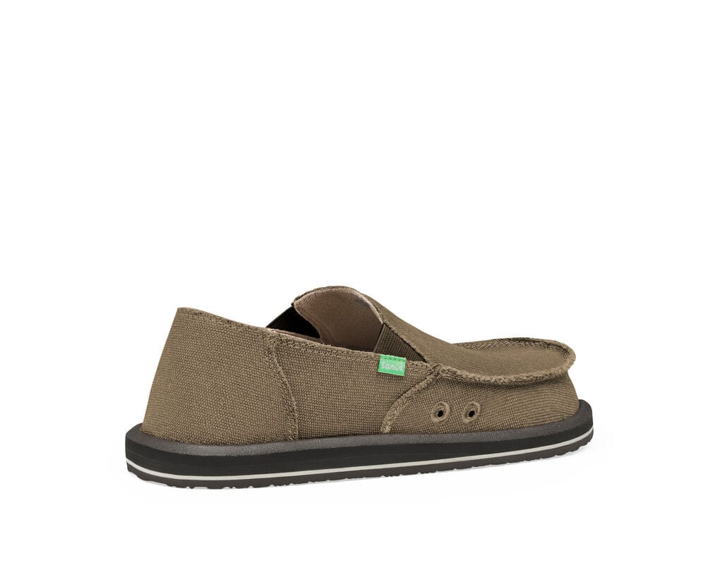 Sanuk Vagabond slip-on shoes in brown textured canvas with frayed edges, back side view showing black sole with stripe detailing.