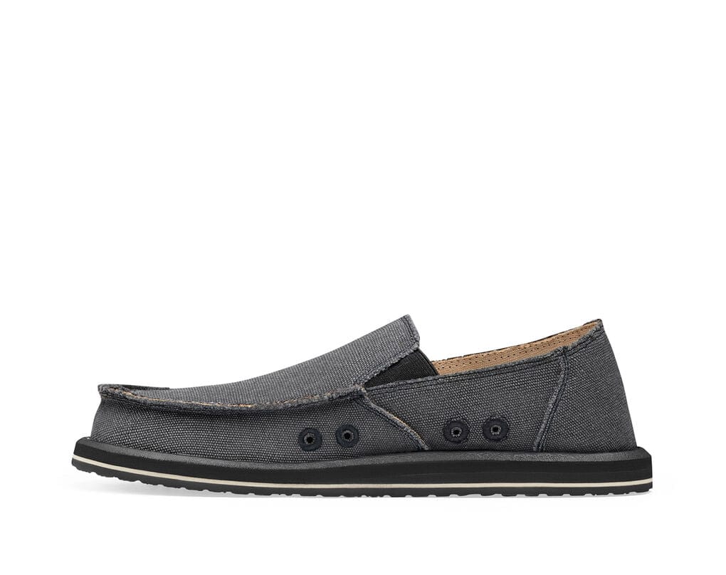 Sanuk Vagabond slip-on shoes in gray with canvas upper, contrast stitching, and lightweight EVA outsole, side view.