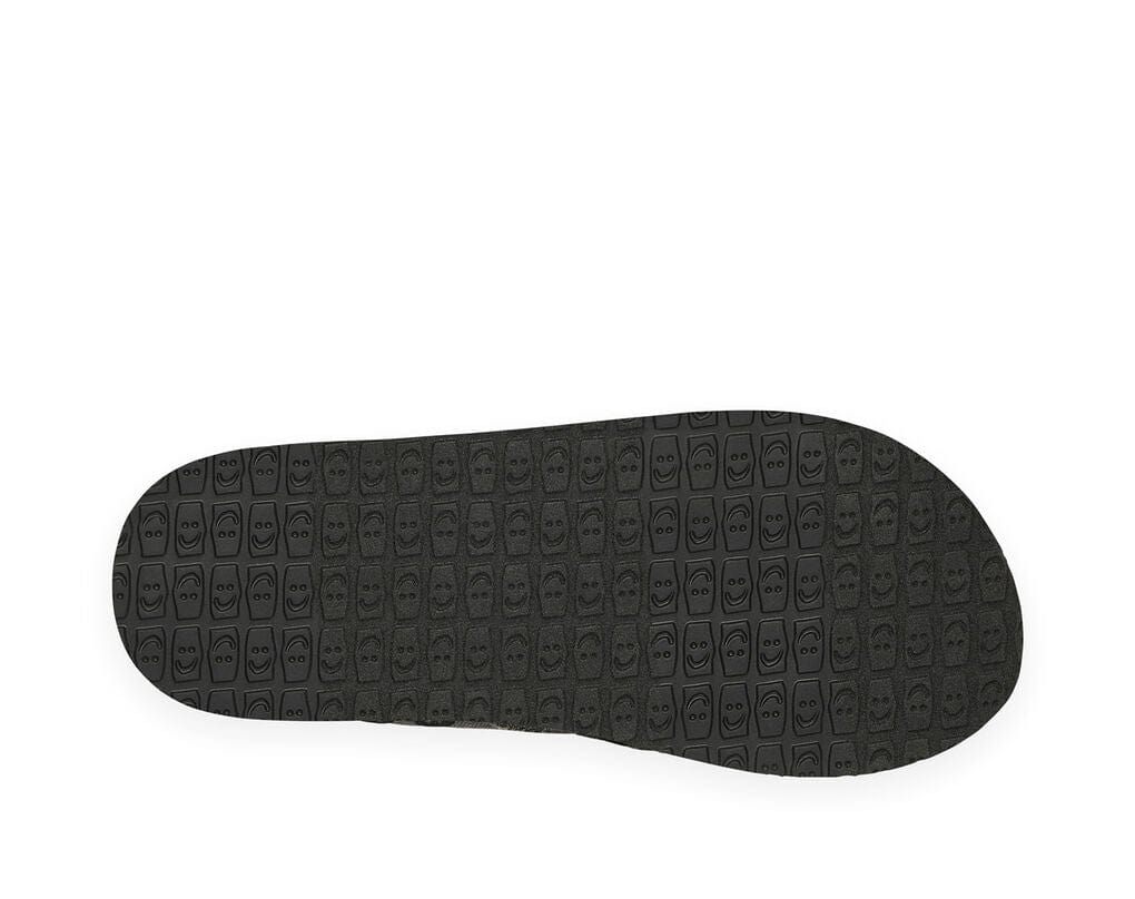 Sanuk Vagabond shoe outsole in black with textured smiley face pattern design, bottom view.