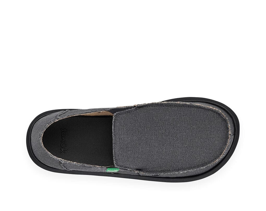 Sanuk Vagabond slip-on shoes in gray canvas with frayed edges, top view showing cushioned footbed and relaxed design.