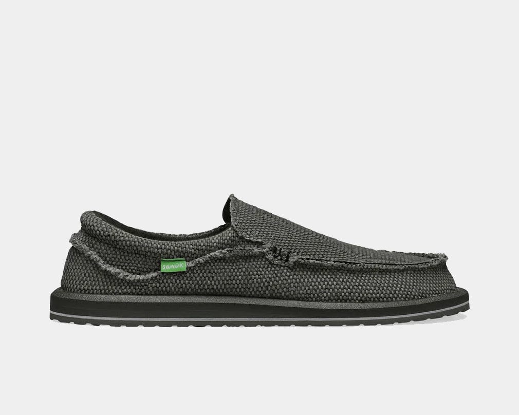 Sanuk Chiba casual shoes in charcoal gray with textured canvas upper, frayed edges, and slip-on design, side view.