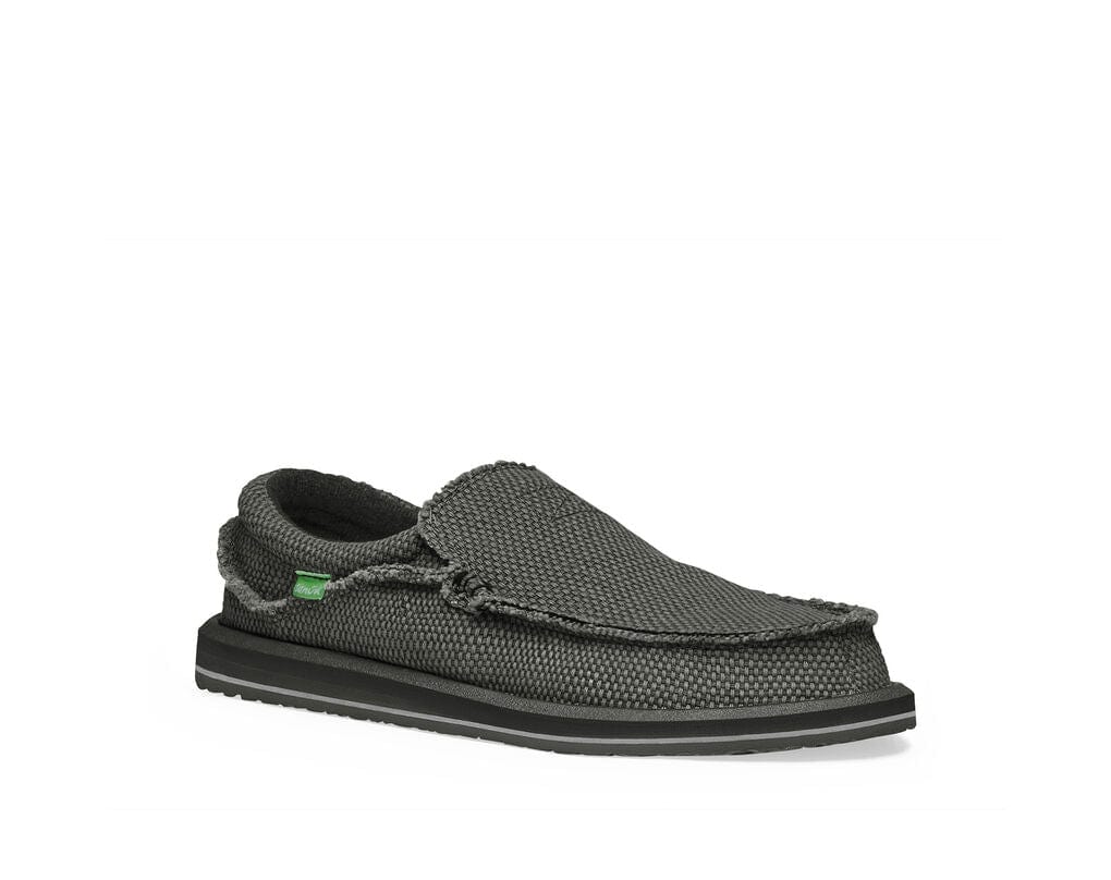 Sanuk Chiba casual slip-on shoes in dark gray textured fabric with frayed edges and black midsole, side angle view.