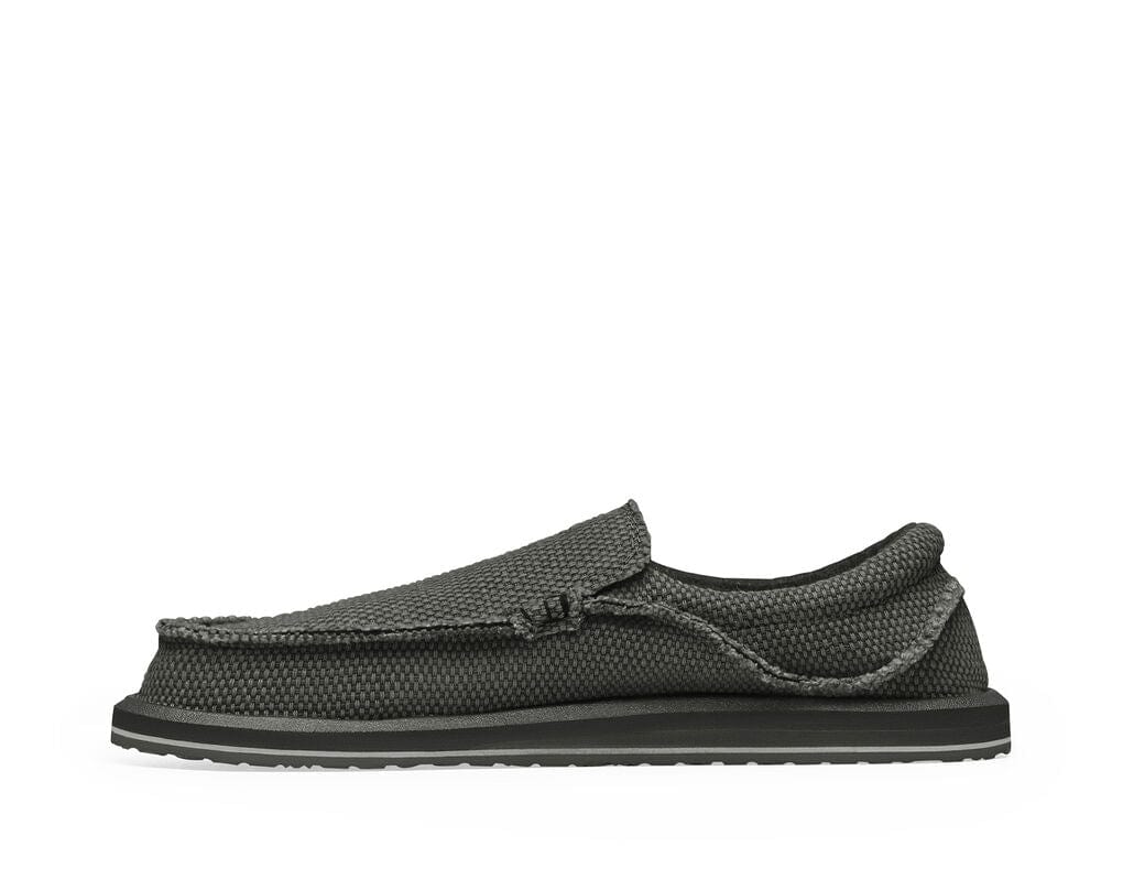 Sanuk Chiba casual shoes with textured black fabric upper, frayed edges, and cushioned sole, side view.