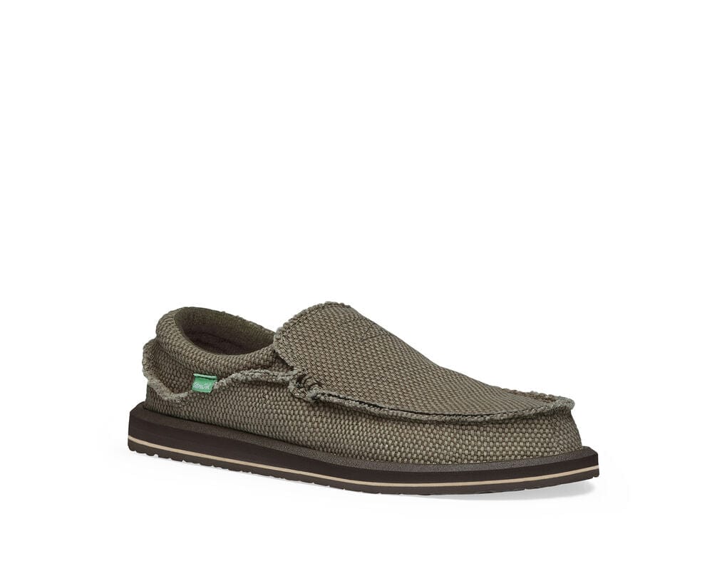 Sanuk Chiba slip-on shoes in olive green woven fabric with casual frayed edges and cushioned sole, angled side view.