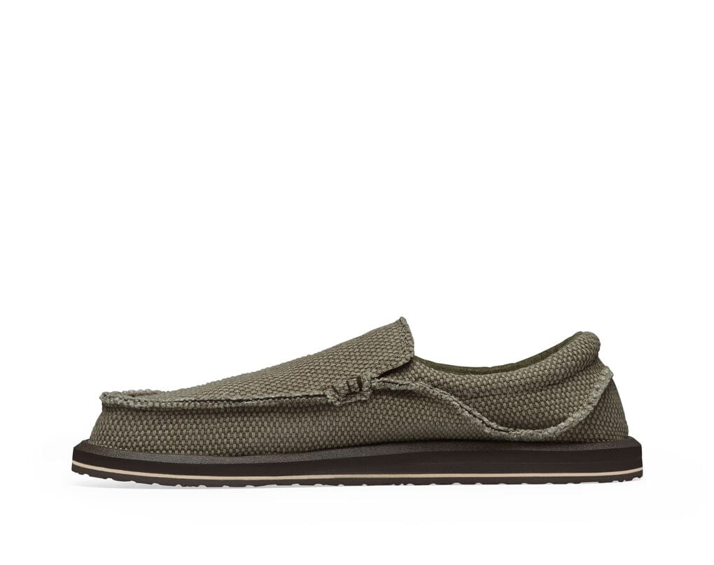 Sanuk Chiba slip-on shoes in olive green with textured woven upper, cushioned sole, and casual design, side view.