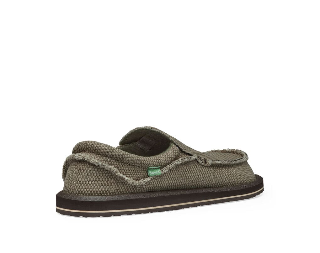 Sanuk Chiba shoes in olive green with frayed edge detailing and a textured canvas upper, back view showing padded heel.