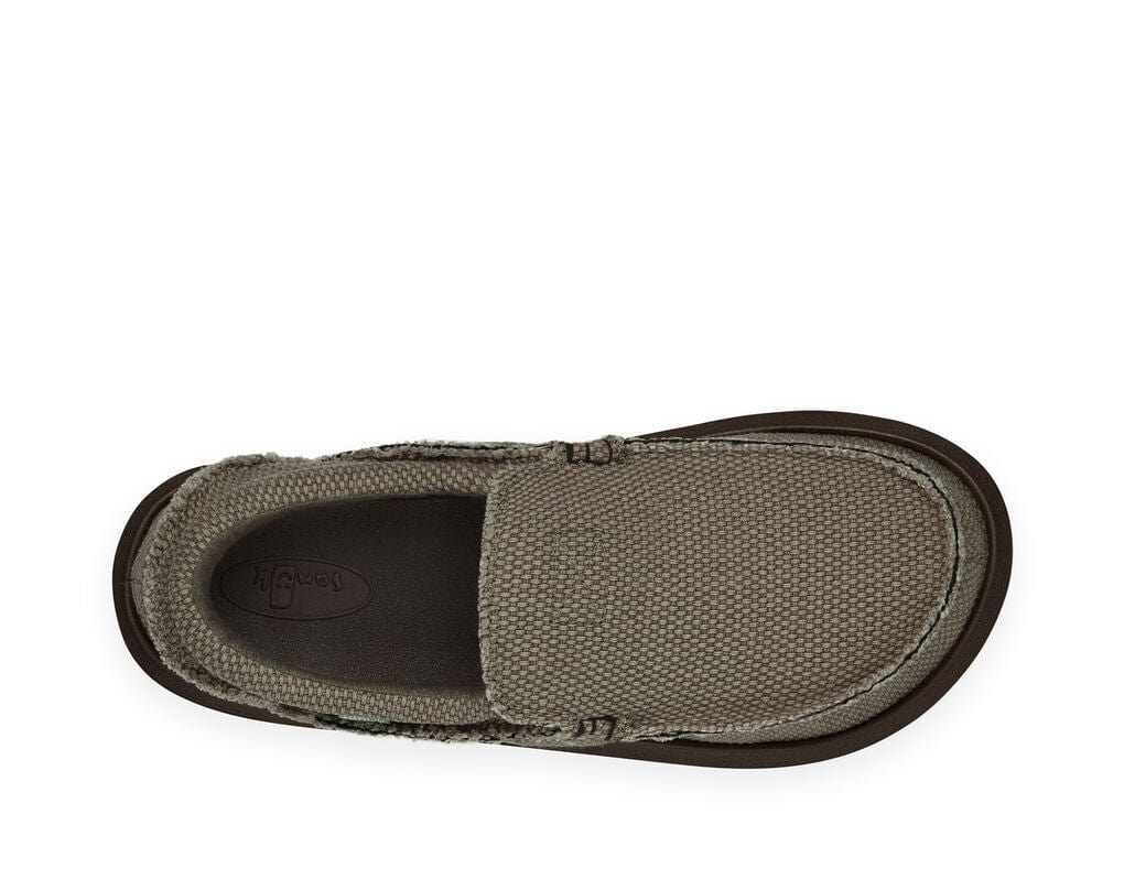 Sanuk Chiba shoes top view in olive green with woven canvas upper and cushioned footbed, featuring textured stitching and slip-on design.