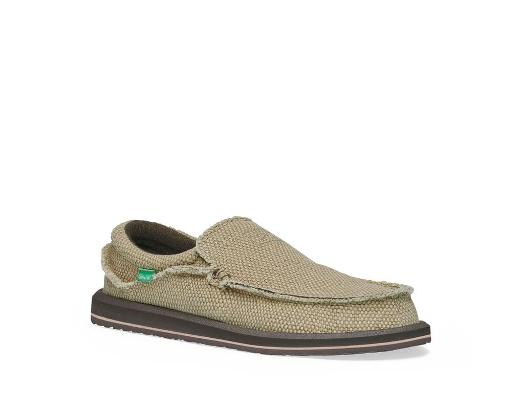 Sanuk Chiba slip-on shoes with beige textured canvas upper, frayed edge details, and brown outsole, side view.