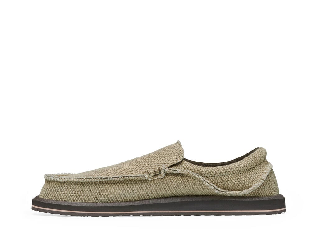 Sanuk Chiba casual shoes in beige textured fabric with moccasin-style stitching and a brown foam outsole, side view.