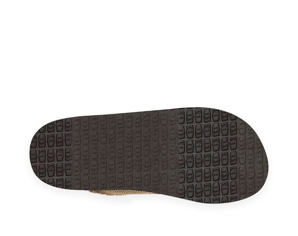 Sanuk Chiba shoes outsole showing textured black rubber tread pattern with smiley face details.