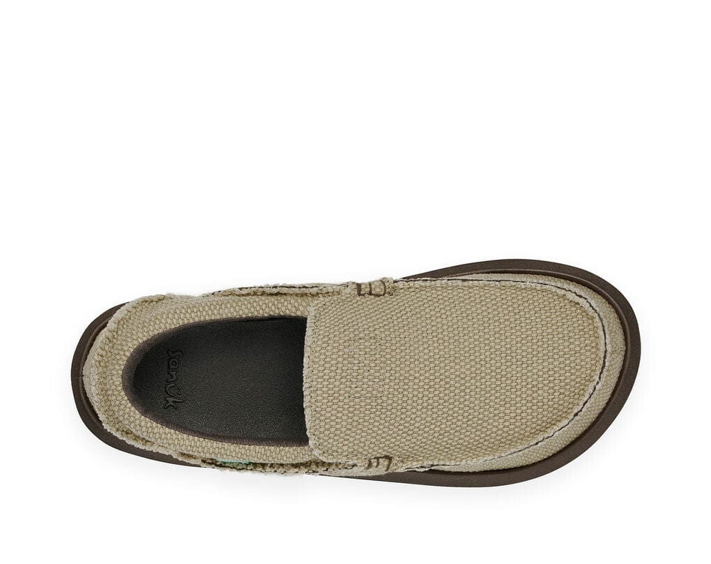 Sanuk Chiba casual slip-on shoes top view showing beige textured canvas upper and cushioned footbed with brown detailing