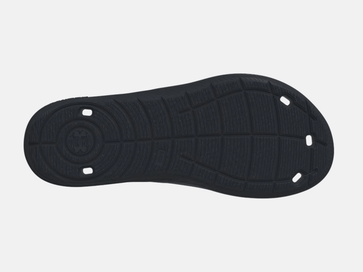 Under Armour Locker IV SL sandals outsole in black showing textured grip pattern and drainage holes.