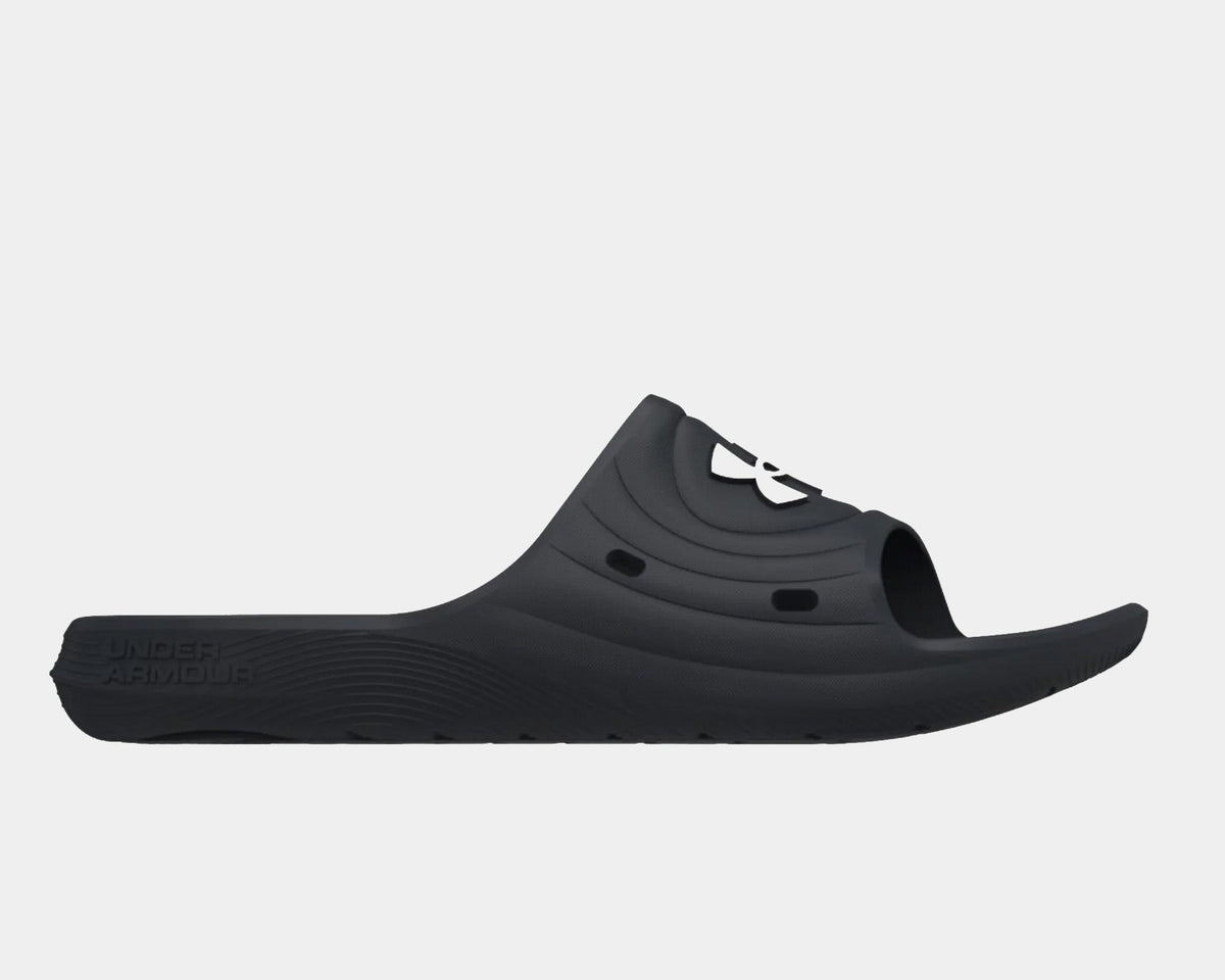 Under Armour Locker IV SL slide sandals in black with textured footbed and perforated design, side view.
