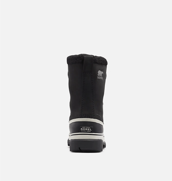 Sorel Caribou Winter Boots in black with waterproof leather upper and insulated lining, back view showing heel branding.