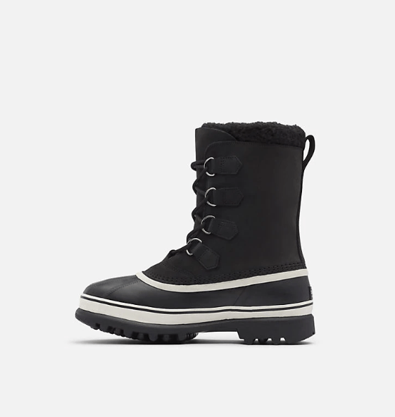 Sorel Caribou Winter Boots in black with waterproof leather upper, faux shearling lining, and rugged sole, side view.