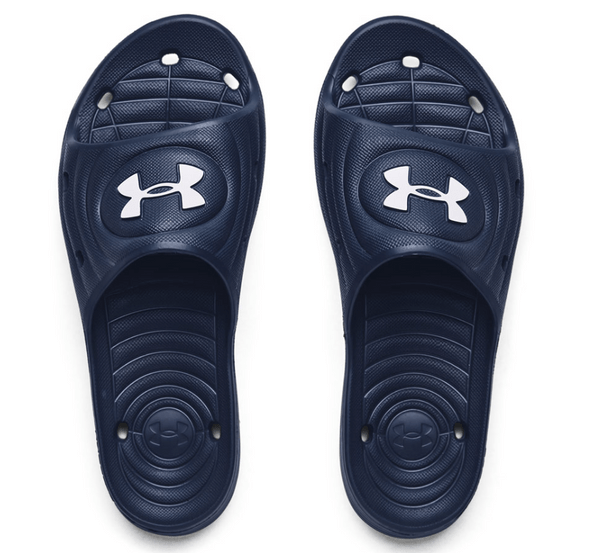 Under Armour Locker IV SL slides in navy blue with textured footbed and white logo, top view.
