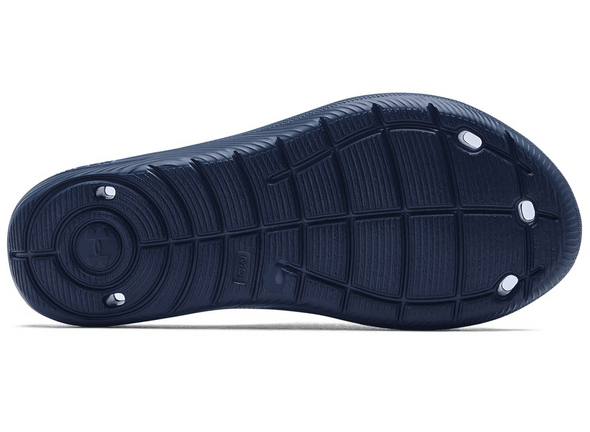 Under Armour Locker IV SL sandals outsole showing textured tread pattern and drainage holes in navy blue rubber.