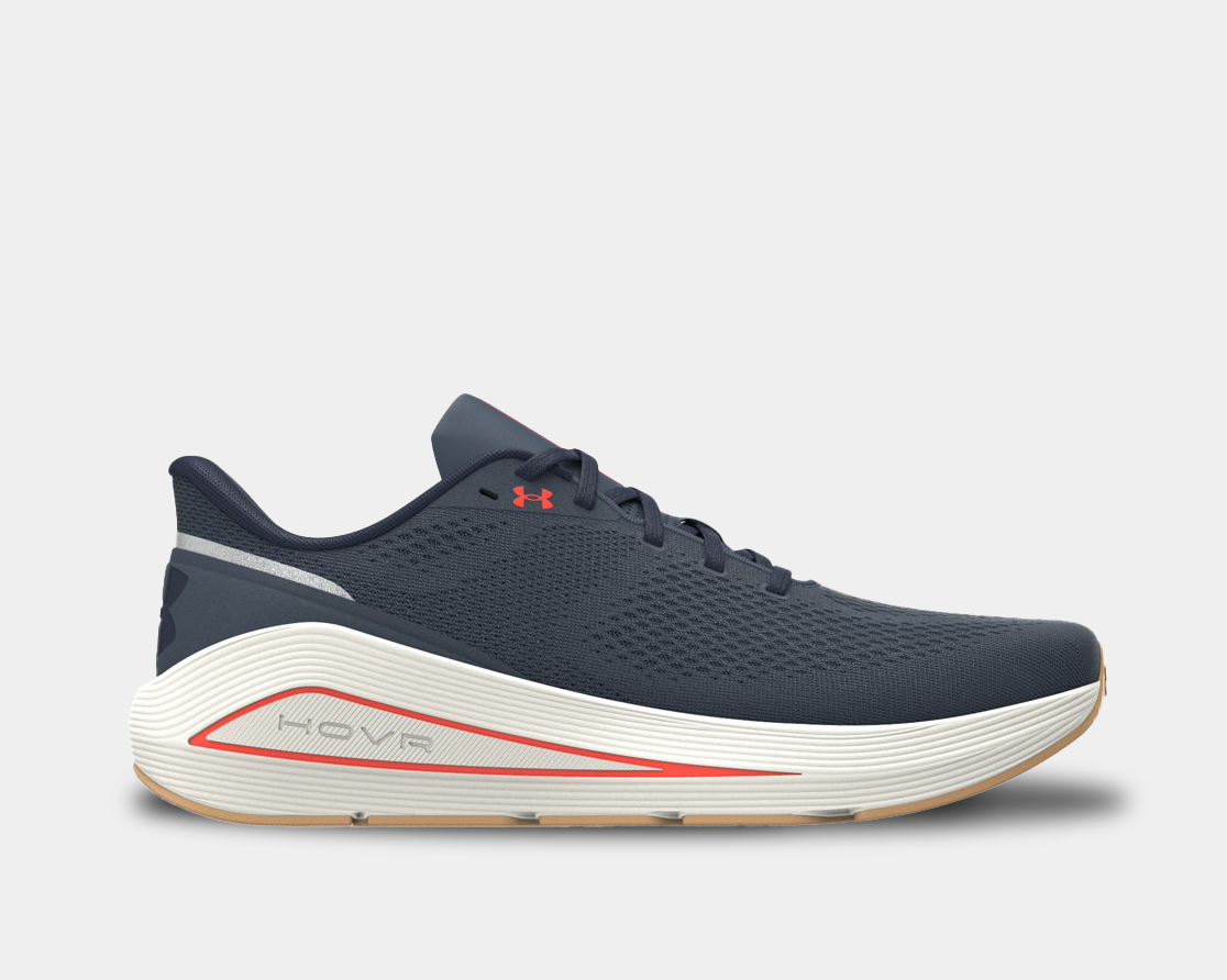 Under Armour HOVR Sonic 7 running shoes in navy blue with breathable mesh upper, cushioned midsole, and red accents, side view.