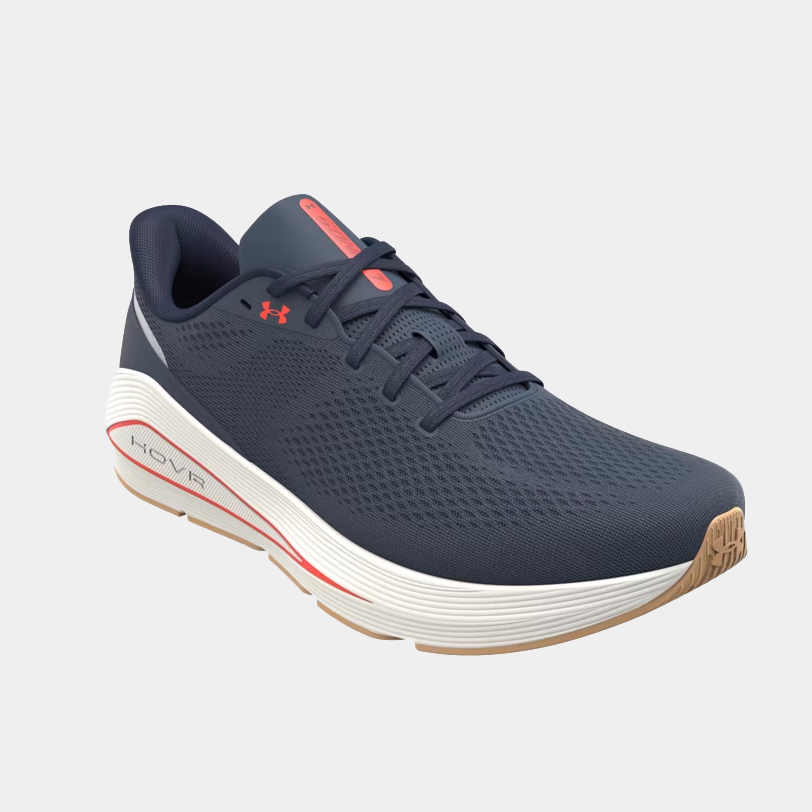 Under Armour HOVR Sonic 7 running shoes in navy blue with breathable mesh upper, white midsole, and gum outsole, angled front view.